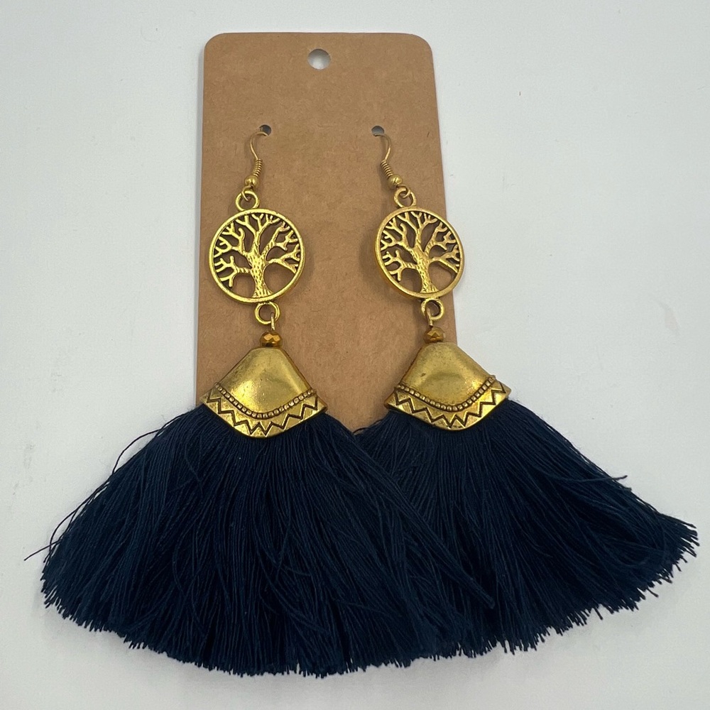 New Gold Tone Metal tree of life charm Navy Blue Tassel Fan Earrings 4" Long